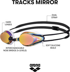 ARENA Tracks Mirror Goggles, FINA Approved Unisex Racing Goggles for Outdoor Swimming with Anti-Fog, UV Protection & Adjustable Fit