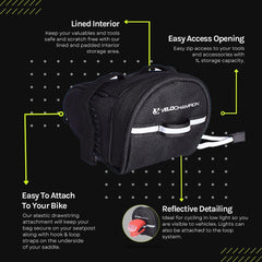 VeloChampion Under Saddle Bag Bicycle Seatpack 1Litre Capacity Quick Release Strap with Reflective Trip and Zip Opening