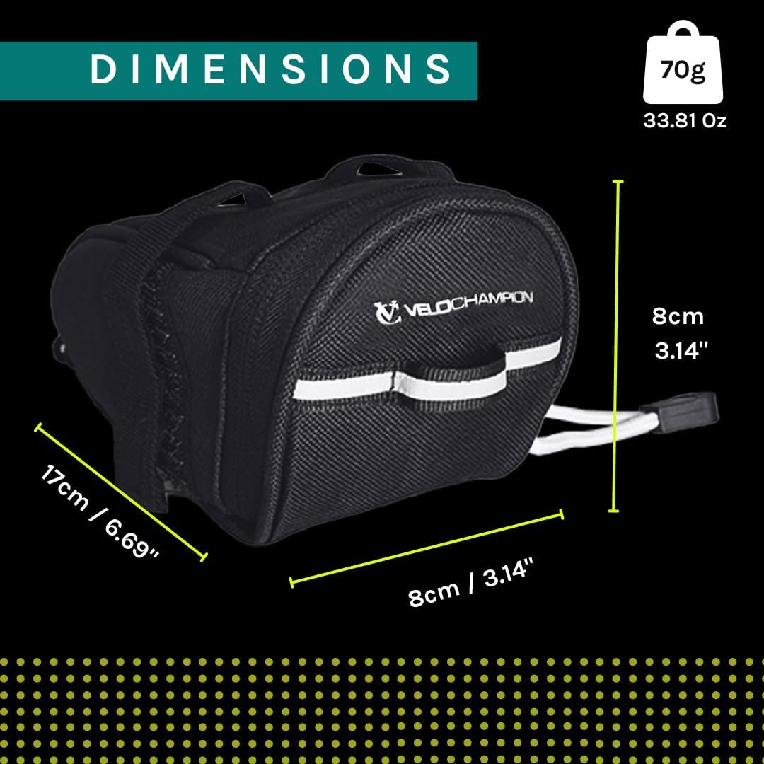 VeloChampion Under Saddle Bag Bicycle Seatpack 1Litre Capacity Quick Release Strap with Reflective Trip and Zip Opening