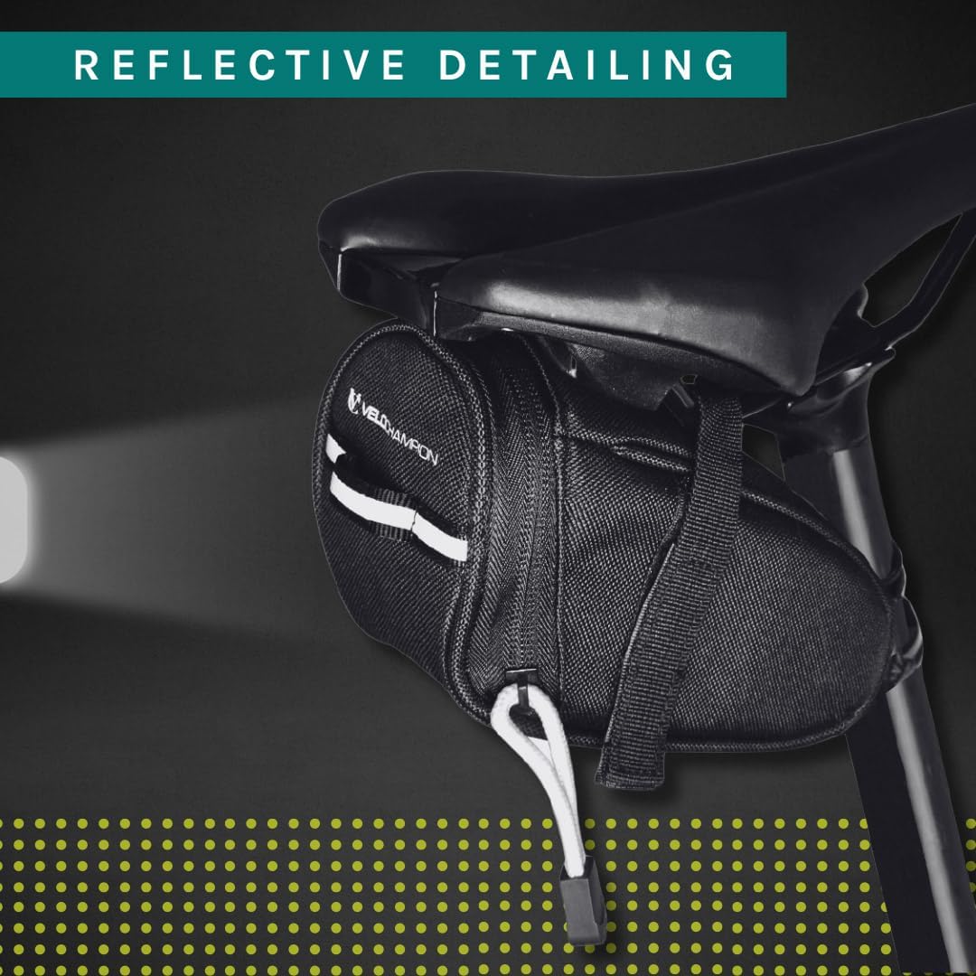 VeloChampion Under Saddle Bag Bicycle Seatpack 1Litre Capacity Quick Release Strap with Reflective Trip and Zip Opening