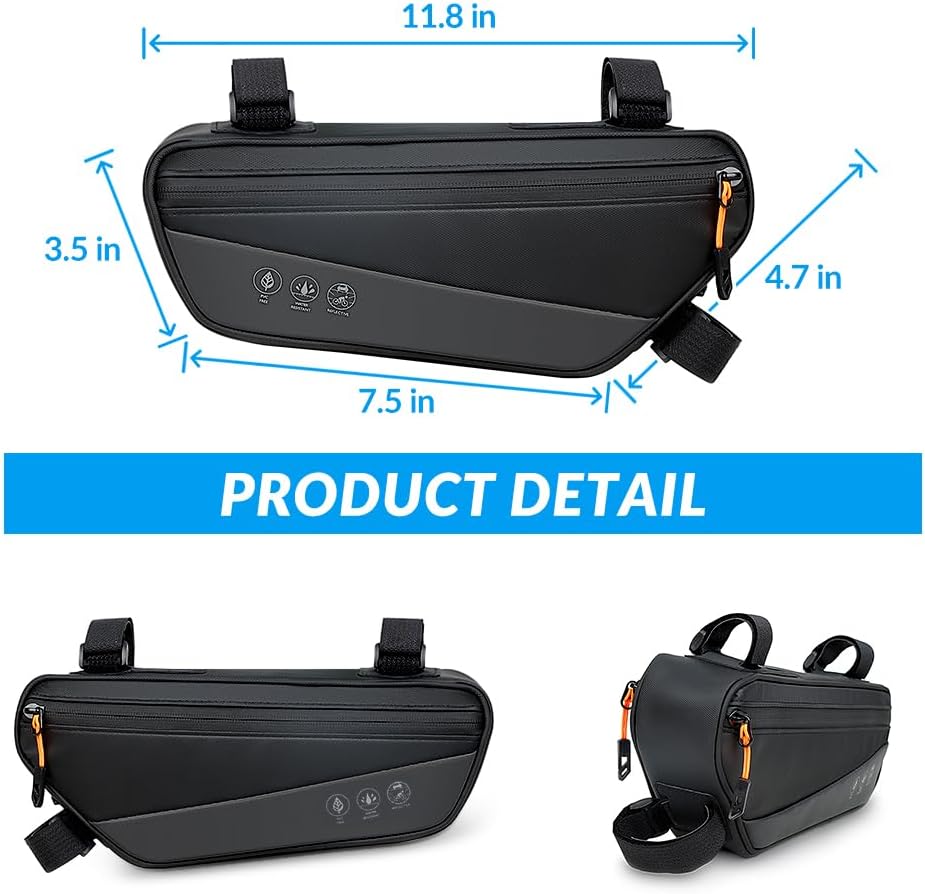WOTOW Bike Frame Bag - Waterproof Bike Triangle Bag with Side Pocket - Reflective Bicycle Under Tube Storage Pouch for Road Mountain Bike Cycling Travel