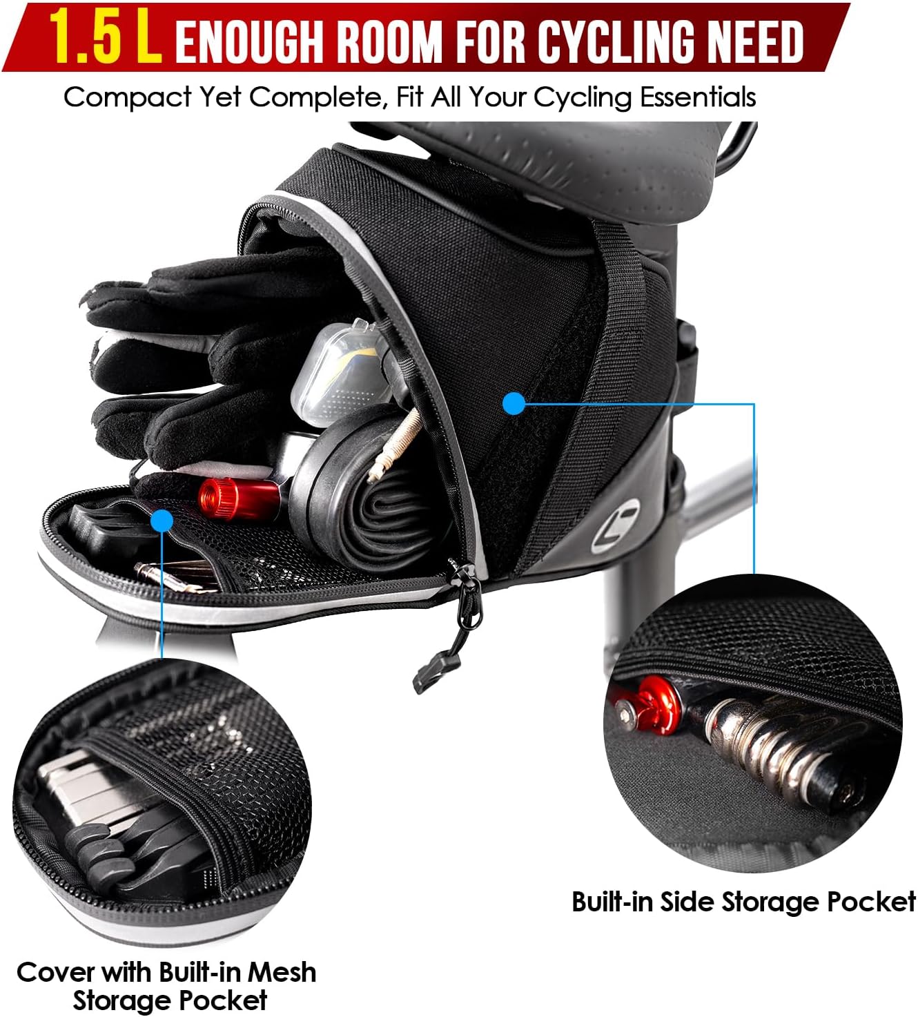 WOTOW Bike Saddle Bag - Waterproof Strap-on Bike Seat Bag - Reflective Bicycle Under Seat Storage Pouch for Road Mountain Bike Cycling Travel