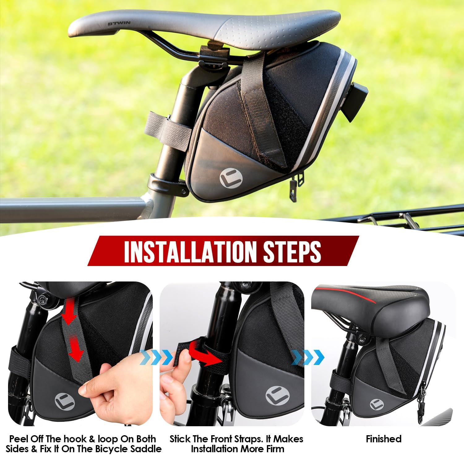 WOTOW Bike Saddle Bag - Waterproof Strap-on Bike Seat Bag - Reflective Bicycle Under Seat Storage Pouch for Road Mountain Bike Cycling Travel