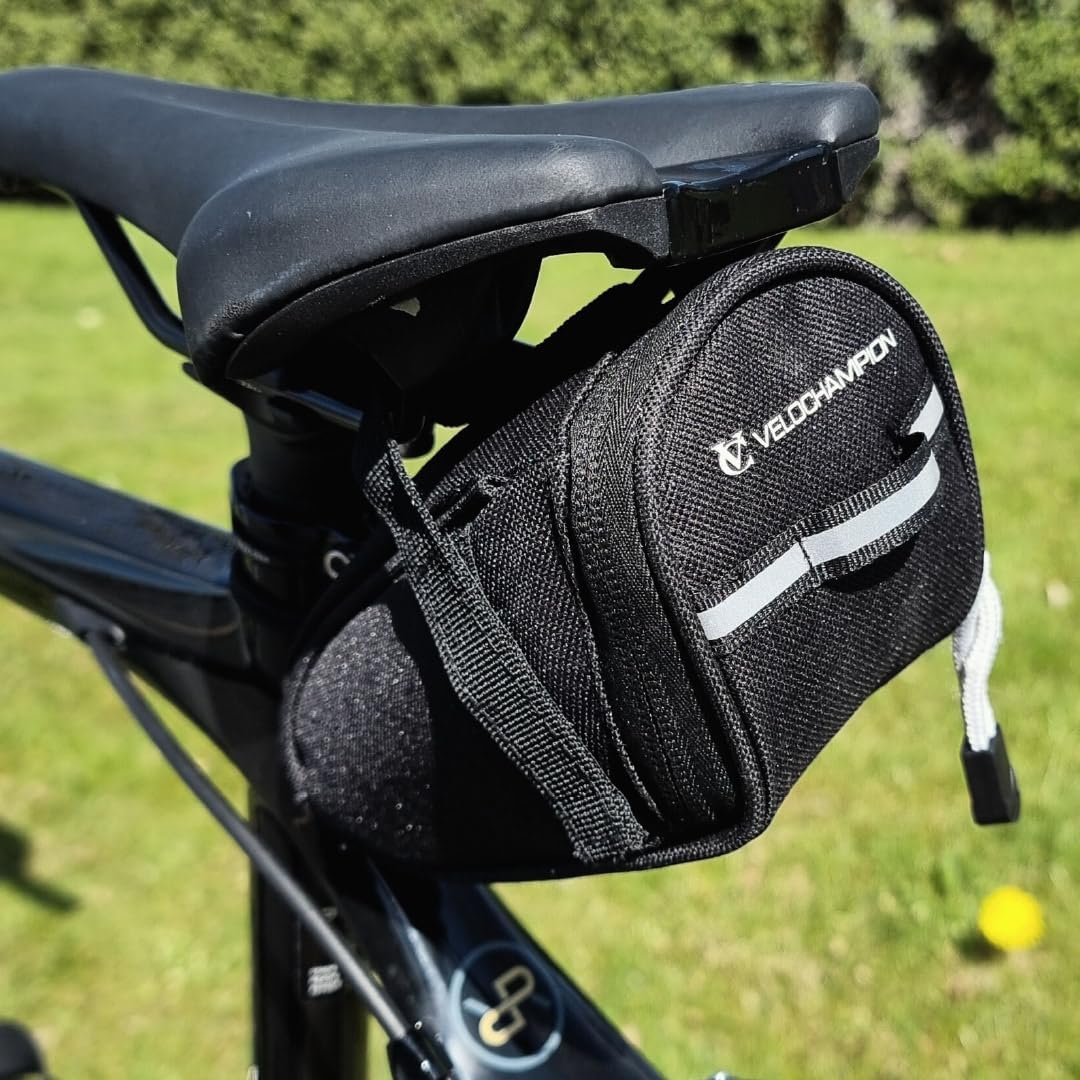 VeloChampion Under Saddle Bag Bicycle Seatpack 1Litre Capacity Quick Release Strap with Reflective Trip and Zip Opening