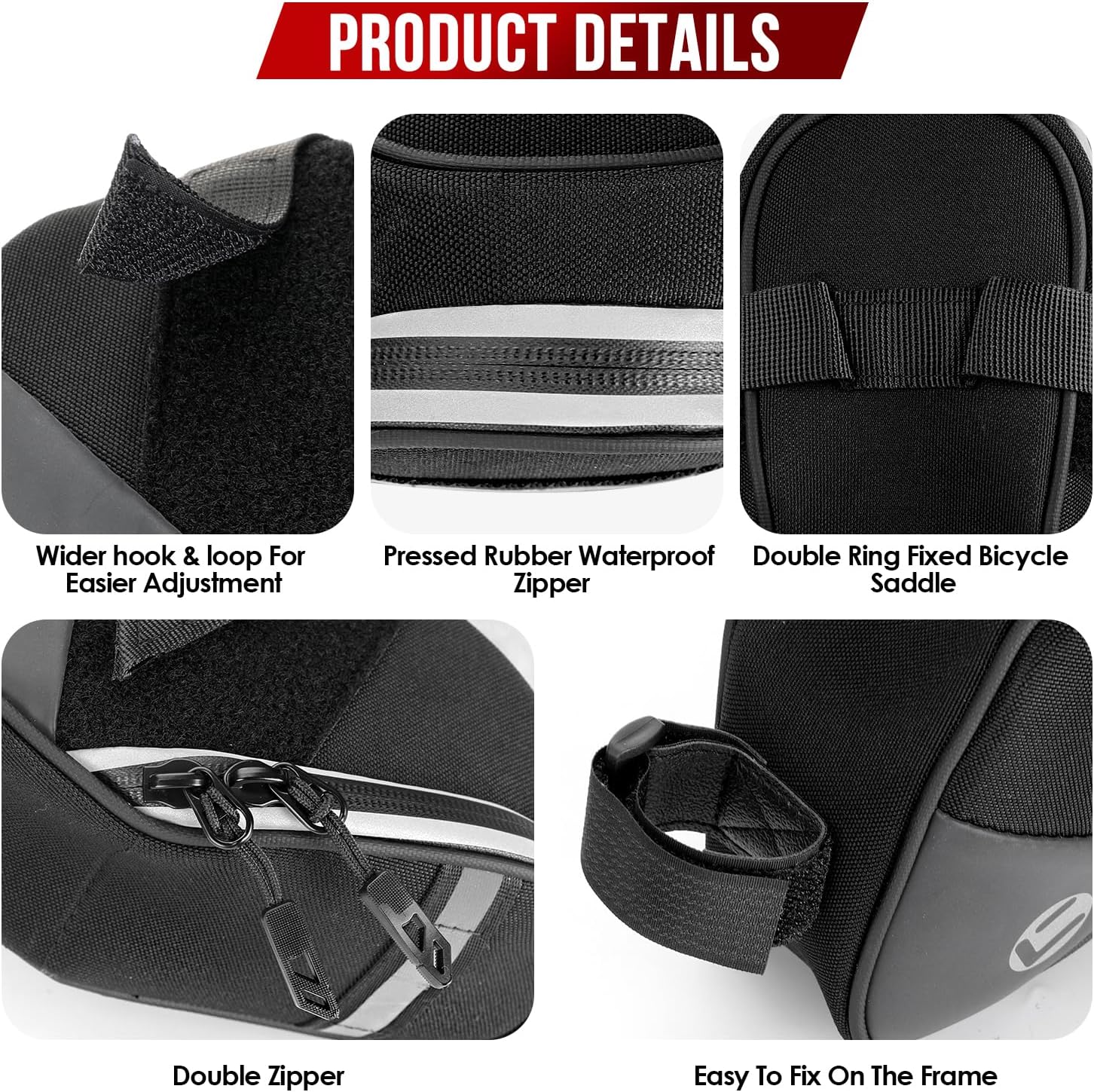 WOTOW Bike Saddle Bag - Waterproof Strap-on Bike Seat Bag - Reflective Bicycle Under Seat Storage Pouch for Road Mountain Bike Cycling Travel